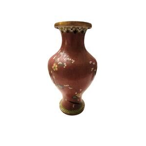 Vintage Floral Cloisonne Vase - Reddish Brown & Gold - 6.5"